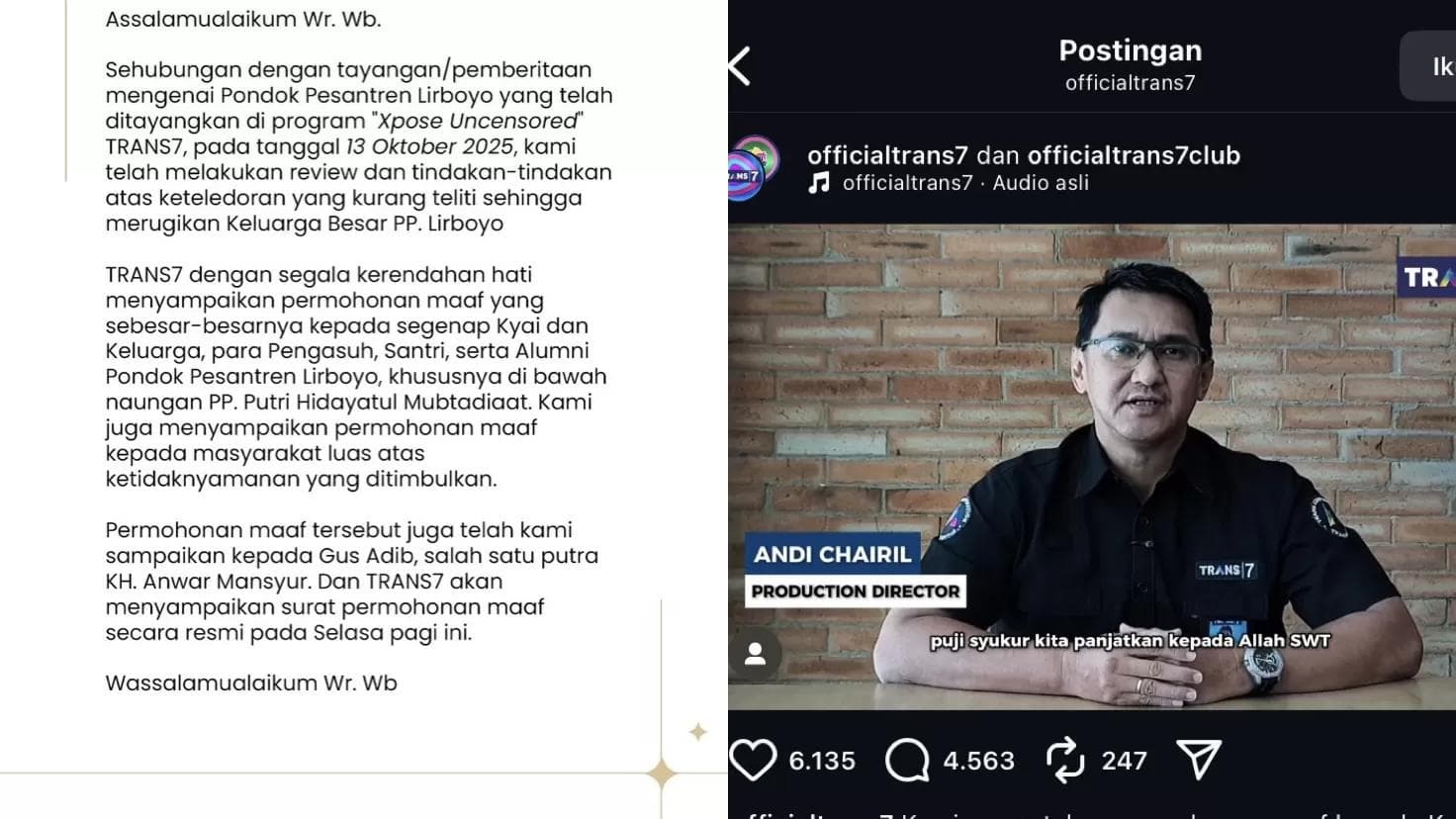 Tayangan Dianggap Menyinggung Agama, Trans7 Kena Sorotan Publik